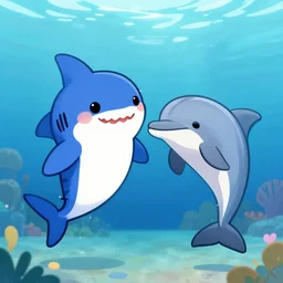 cute shark and dolphin hanging out as friends