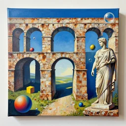acrylic canvas, aqueduct and arches, 3 6 0 panorama ( 3 - point perspective ), escher style pattern of colorful balls and ( bubbles ) and ( cubes ), sculpture in the ancient greek style with the texture of old rust and trash