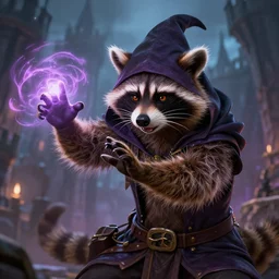 closeup, highly detailed digital illustration portrait of hooded sorcerer sly cooper raccoon casting a magical glowing spell in a castle, action pose, d & d, magic the gathering, by rhads, lois van baarle, jean - baptiste monge,