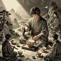 vaporwave tea ceremony, intricate illustration by tim doyle