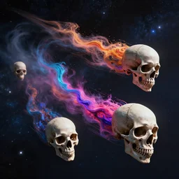 flying skulls trailing tails of vibrant colors speeding through the depths of space high quality rendering, hyper realistic