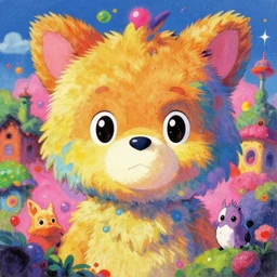 vintage 90\'s anime mixed with pastel impasto highly rhythmic expressionistic wild anime symmetrical furry portrait pleasing palette trending on artstation super fluffy funhouse surreal unpredictable wild unexplainable fantasy land you could not have dreamed of in the gritty posterized grainy analog style of studio Ghibli and 1960s americana Comics, HQ 8k scan
