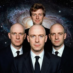 at the centre of the image is three bald centered british heads and a fourth british head with hair smiling at the camera all wearing dark buttonups with dark ties with a galaxy backdrop, kubrick stare, album art, photograph