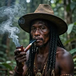 a beautiful portrait of an indigenous man with black skin with a wide hat in the jungle, surrounded by smoke, smoking a pipe, mysterious atmosphere, fantasy art, matte painting, highly detailed