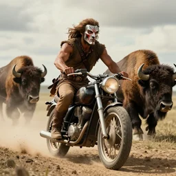 an ancient tribesman riding  ancient motorcycle,  hunting bisons , symmetrical face, muscular body, attacking, chase, action scene, an epic fantasy, dramatic lighting, cinematic, establishing shot, extremely high detail, photorealistic, cinematic lighting, artstation, octane render, western,old photo, vintage