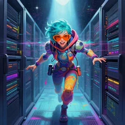 an angelic hacker with turquoise hair in vast cyberspace glitching through a vulnerable server, wearing orange sunglasses, futuristic clothes, vibrant colors, rule of thirds, spotlight, drips of paint, expressive, passionate, by greg rutkowski, by jeremy mann, by francoise nielly, by van gogh, digital painting