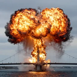 a picture of the crimean bridge exploding, explosion of kerch bridge, high quality photography, national archive