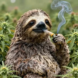 a super chill sloth smoking a joint in a field of weed, HD photograph 8K trending on artstation