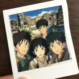 overhead view a polaroid film still portrait of a 1 9 5 0's adventure expedition, finely detailed features, closeup at the faces, perfect art, in ancient city ruins, water, sun, gapmoe yandere grimdark, trending on pixiv fanbox, painted by greg rutkowski makoto shinkai takashi takeuchi studio ghibli, akihiko yoshida,