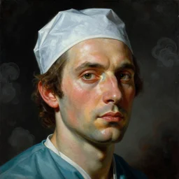 a baroque neoclassicist renaissance close - up portrait of psycho - surgeon. reflective detailed textures. puffy clouds, dark black background. highly detailed fantasy science fiction painting by moebius, norman rockwell, frank frazetta, and syd mead. rich colors, high contrast. artstation