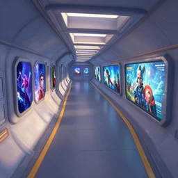 art by filip hodas, pixar, and artgerm. level design spaceship corridor, clean, advertising, entertainments, outside, exterior, fly view, isometric