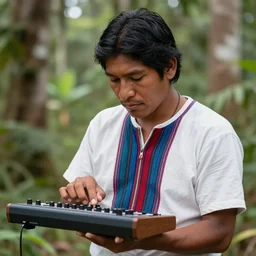 highly detailed portrait of a an indigenous ecuadorian huaorani young man pushing buttons on a akai sampler in the jungle in gta v, loish, rhads. poster art by stephen bliss, unreal engine, greg rutkowski, ferdinand knab, makoto shinkai and lois van