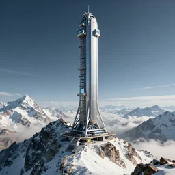 giant tall utopian space elevator anchored to mountain peak of everest, octane render trending on ArtStation, leica, Nikon, DSLR, HDR, telephoto