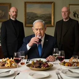 portrait of benjamin netanyahu at a thanksgiving table drinking blood, vanitas, by pieter claesz and wayne barlowe and rene magritte