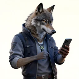 3d render of detective canis lupus wolf checking his phone in cyberpunk 2077