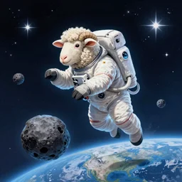 A sheep wearing an astronaut suit jumping over aasteroid in space, earth and stars in the background, blue light, extra detailed, digital illustration, by thomas kinkade, digital painting, , trending on artstation