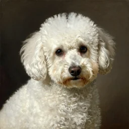 a neoclassical painting of a small white poodle with murderous eyes. nature study. german realism. von amerling. dahlenberg.