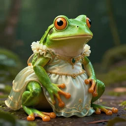 a frog dressed in the most beautiful dress, digital art, octane render, cinematic lightning, matte painting, 8 k, trending artstation,