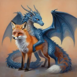 painting of hybrid between fox!!! & dragon, intercrossed animal, mixture animal, by tiffany bozic, by zdzislaw beksinski, cold hue's, warm tone gradient background, concept art, beautiful composition, digital painting