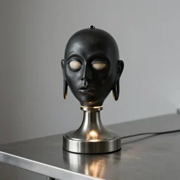 a dark and twisted caricature of empathy in the form of a deranged lamp, product photo, realistic, clean surfaces, refraction, polished steel table surface. lamp on a reflective metal table