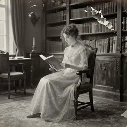 concept art, long shot, 1 9 th century monochromatic photography, an eerie see - through ghost of a victorian woman reading in a chair, in well - lit art nouveau library room, photorealistic, crumpled torn photo, 8 k