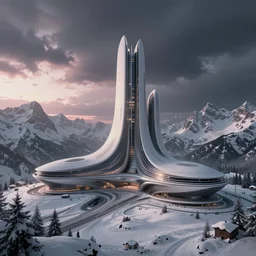 futuristic atmosphere in the snowy mountains dolomites 3 d concept art, cinematic lighting, pastel sunset, rule of thirds, depth of field, intricate details, building by zaha hadid, stormy weather, emissary space by arthur haas and bruce pennington and john schoenherr, cinematic matte painting, dark moody monochrome colors, trending on artstation, featured on behance