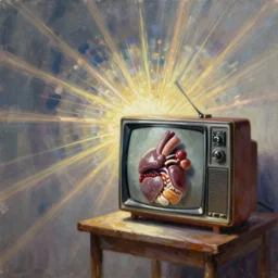 empty room, human organ in a old television on the table, detailed, painting by craig mullins, james jean, oil painting, radiant light