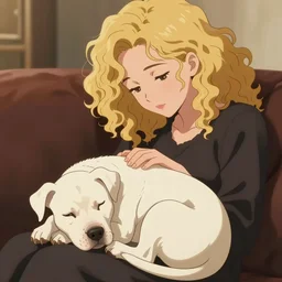 portrait of a girl with curly blonde hair and petting a tired white pitbull puppy curled up on her lap, highly detailed, cozy aesthetic, elegant, anime key visual, fukaya yuichiro