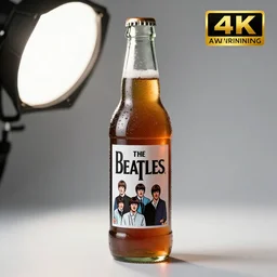 an advertisement for a beatles soda, with the beatles pasted on the packaging, soda bottle with a small illustration of the beatles pasted on the packaging, award winning, studio light, 4K