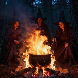 witches burning offal over a wildly lit campfire with a massive pot in an ominous forest at night, photography