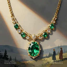 emerald necklace suspended on elaborate gold chain, illustration, by ( kieran yanner ) ( miranda meeks ) ( anna podedworna ) ( cristi balanescu ), digital art