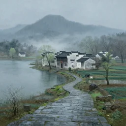 a gorgeous bleak spring landscape painting by barlowe wayne maxfield parrish and marco mazzoni. rainy mood. traditional huizhou architecture. lonely memorial ceremony. grey blue and very little light verdancy. wet winding stone steps. ultra clear detailed. 3 d, octane render. turbulent blood lake. fog, 8 k
