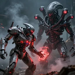 apocalyptic, a very strong robot with red enerygies shaking the hand with an mighty alien creature with multiple eyes. smoke. volumetric lighting, sharp focus, ultra detailed, cgsociety - w 1 0 2 4 - n 8 - i