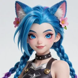 cute portrait of jinx from league of legends with flowers in her hair, blue color scheme. highly detailed, league of legends, anime, cat girl, artgerm, artstation, soft light, sharp focus, illustration, character design, tv show