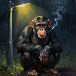 painting of a depressed chimpanzee smoking a cigarette under a street light in the rain at night