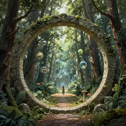 Fantasy Magical fairy-tale portal in the forest. Round stone portal teleport in trees to other worlds. Fantastic landscape. Magic Altar in the fores, highly detailed, digital painting, artstation, concept art, smooth, sharp focus, illustration, art by artgerm and greg rutkowski and alphonse mucha