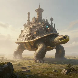a giant steampunk turtle city, wandering the empty plains at dawn, ethereal fantasy art by greg rutkowski