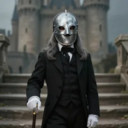 portrait painting of a 3 0 years old male, wearing a silver iron mask, grey long hair, in black suits, a cane, white gloves, background is castle and steps unreal render cinematic lighting art 1 9 2 0 period drama by bussiere rutkowski andreas rocha