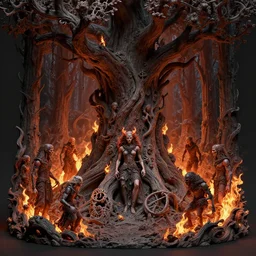 high intricate 3 d sculpture of evil forest spirits burning the ancient forest, massive ancient tree, maria panfilova, andrea savchenko, mike kime, ludovic plouffe, qi sheng luo, oliver cook, david noren, trending on artstation