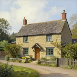 beautiful english cottage in the country, 8 k, matte painting, in the style of artist, thomas kinkade