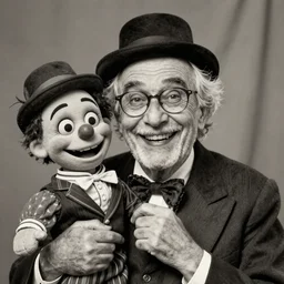 hyper realistic old 1 9 8 0 photography of lunatic mad smiling ventriloquist old man with terrific haunted smiling puppet