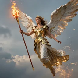 hyper-realistic, beautiful! female angel wearing a (((toga))) & gilded! armor!!! flying in the sky, wielding a fire! lance!! divine, powerful, aura!! photorealistic, zbrush model, octane render, 8k, cinematic | by artgerm + julie bell + greg heldebrandt | character concept art, epic scene, movie poster