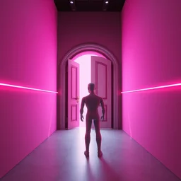 “ a mannequin facing a giant doorway opening with a neon pink light, transcendent, vibrant color, clean linework, finely detailed, 4 k, trending on artstation, photorealistic, volumetric lighting, octane render ”