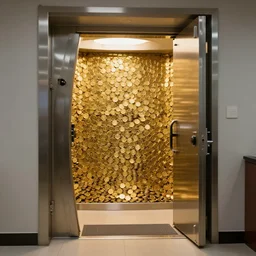 photorealistic photograph of a vault full of gold coins behind a doorway
