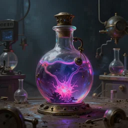 a painting of a steampunk neon poisonous potion bottle in a dark dusty vintage science lab, by h. r. giger, hyperrealistic fantasy art, concept matte, ethereal, dreamy, digital art, trending on artstation, volumetric cinematic lighting
