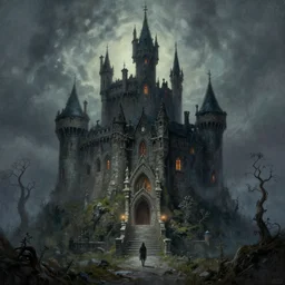 elaborate fantasy painting of a haunted castle