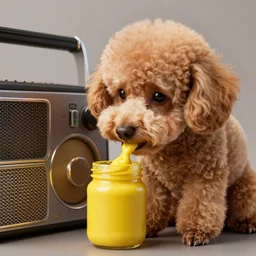 a closeup photorealistic photograph of a poodle sitting next to a radio and eating from a jar of mustard. This 4K HD image is Trending on Artstation, featured on Behance, well-rendered, extra crisp, features intricate detail and the style of Unreal Engine.
