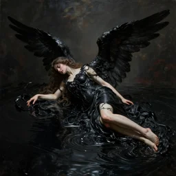 8 k art photography, filmic lighting, cinematic art shot, hyperrealistic, hyperdetailed, super detailed, uhd, uhd, 8 k, high resolution, a fallen angel, black fluid simulation, painting by ross tran and ivan aivazovsky, black water