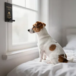 photography of a Jack Russel . watching outside the window. on a bed. in a white room. octane render,volumetric light, volumetric fog, photorealistic,, award winning photo, 100mm, sharp, cloth, high res
