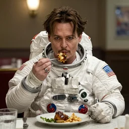 Jonny Depp eating at a restaurant table wearing an astronaut suit